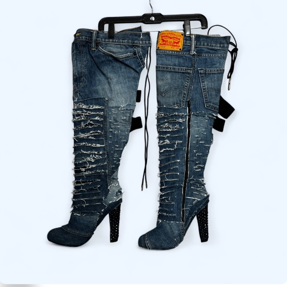 Distressed Levi Denim Thigh High Stiletto Rhinestone Boots Sz 10 Punk Y2K Grunge - Picture 10 of 14